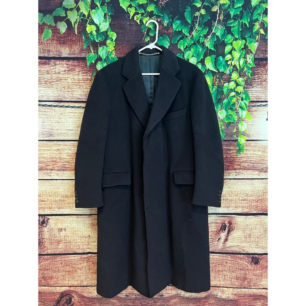 Paul Stuart Trench Coat HEAVY Wool Silk Lined Black Button Up Lapel Collar XL